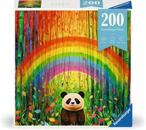 Bamboo Panda jigsaw puzzle by Ravensburger featuring a colorful illustration of a panda sitting in a vibrant bamboo forest with a rainbow arching overhead. The puzzle consists of 200 pieces and promotes relaxation and enjoyment during assembly.