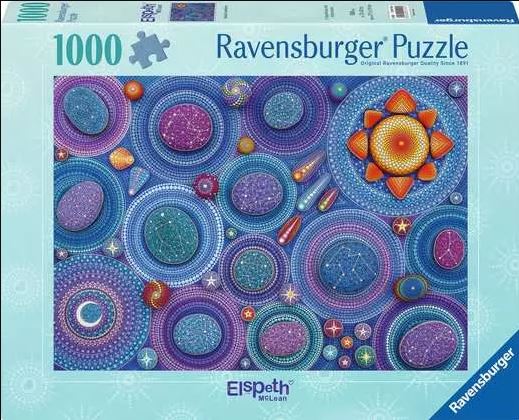 Ravensburger jigsaw puzzle titled 'Celestial Constellations' featuring an intricate design of colorful celestial bodies such as planets, stars, and patterns in a cosmic theme. The puzzle consists of 1000 pieces and showcases vibrant blues, purples, and oranges, creating a mesmerizing astronomical scene.