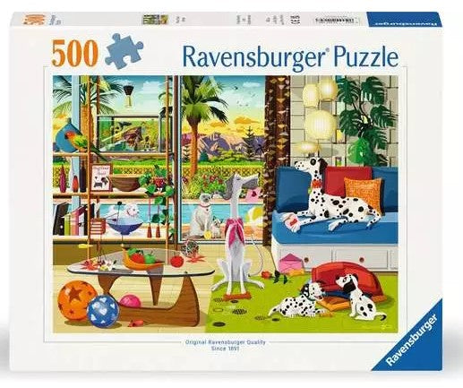 A colorful jigsaw puzzle box featuring a vibrant illustration of pets in a Palm Springs setting. The scene includes various animals like dogs and birds, surrounded by tropical plants and a cozy indoor space filled with toys and decor. The box has '500 Ravensburger Puzzle' prominently displayed.