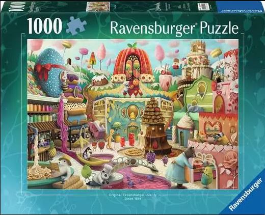 1000-piece jigsaw puzzle titled 'Sweet Street' by Ravensburger. The image features a whimsical candy land filled with colorful sweets, charming animals, and intricate cake designs, inviting puzzlers to immerse themselves in this delightful scene.