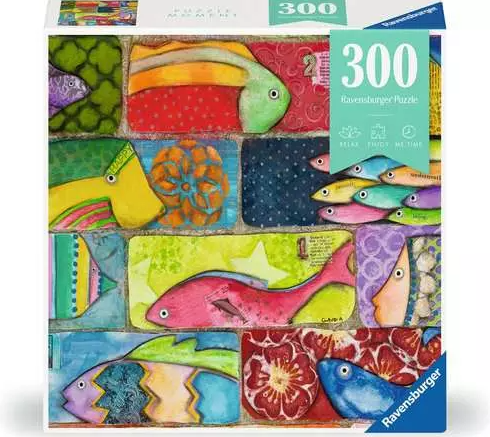 A vibrant jigsaw puzzle titled 'Splashy Fish Tiles' by Ravensburger, featuring a colorful arrangement of various artistic fish illustrations and patterns. The box indicates it contains 300 pieces, showcasing a lively and playful design suitable for puzzle enthusiasts of all ages.