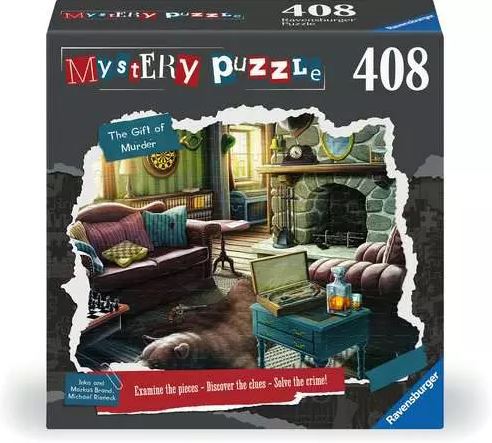 The Gift of Murder jigsaw puzzle by Ravensburger featuring a cozy living room scene. The packaging showcases a partially completed puzzle with clues like a box and a bear, inviting players to examine pieces and solve a mystery.