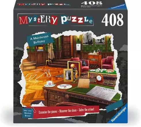 A Murderous Birthday jigsaw puzzle by Ravensburger featuring a mystery scene. The image showcases a detailed interior filled with clues, including a desk with newspapers, books, and a magnifying glass. The puzzle contains 408 pieces and invites players to examine clues and solve a crime.