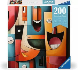 Ravensburger Island Surf jigsaw puzzle featuring a vibrant, abstract illustration of faces in various colors and expressions, 200 pieces. The box displays a modern art design, appealing to both puzzle enthusiasts and art lovers.