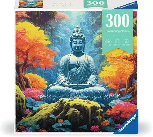 Ravensburger jigsaw puzzle titled 'Peace', featuring a serene Buddha surrounded by vibrant colorful trees and foliage. The puzzle has 300 pieces and is designed for puzzle enthusiasts seeking a medium level of challenge. The packaging displays a peaceful and meditative scene, capturing the essence of tranquility and harmony.