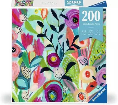 Ravensburger jigsaw puzzle titled Watercolor Bouquet featuring a vibrant assortment of colorful flowers and foliage. The puzzle contains 200 pieces and is designed to provide a relaxing and engaging activity, perfect for solo or family fun.