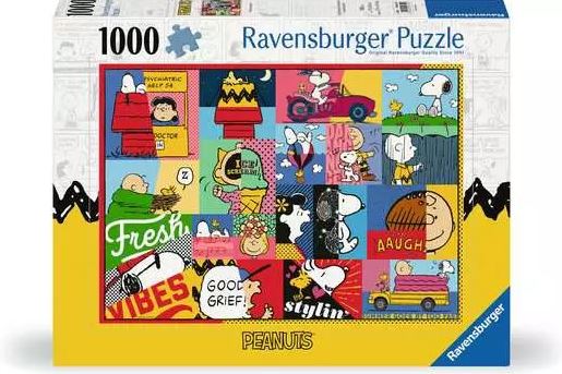Ravensburger Peanuts Moments jigsaw puzzle featuring a colorful collage of beloved characters like Snoopy, Charlie Brown, and more. The box shows vibrant artwork and fun phrases, ideal for fans of the Peanuts comic strip.