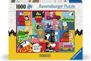 Ravensburger Peanuts Moments jigsaw puzzle featuring a colorful collage of beloved characters like Snoopy, Charlie Brown, and more. The box shows vibrant artwork and fun phrases, ideal for fans of the Peanuts comic strip.