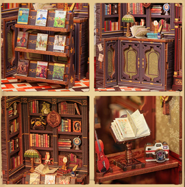 The Owl Bookstore Book Nook by Cuteebe is a detailed DIY kit featuring miniature shelves filled with books, a vintage lamp, and decorative items like a clock and violin. The cozy design evokes a charming library atmosphere, perfect for book lovers.