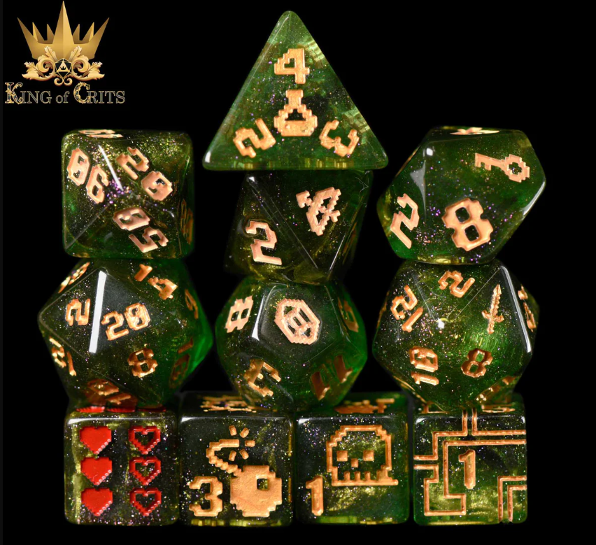 An 11-piece RPG dice set made by King of Crits. The set features vibrant green dice with gold numbering and unique designs, including D20, D12, and D4 shapes. Some dice display special symbols like hearts and a skull, making it ideal for tabletop gaming enthusiasts.