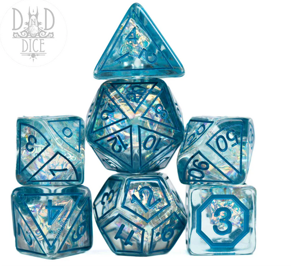A striking 7-piece RPG dice set from DND Dice featuring translucent blue dice with shimmering accents. The set includes a variety of polyhedral dice such as d4, d6, d8, d10, d12, and d20, each displaying clear engraved numbers for easy reading. Perfect for tabletop gaming and enhancing your RPG experience.