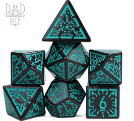 Total Eclipse 7pc RPG Dice Set by DND Dice featuring seven intricately designed polyhedral dice in black with luminous turquoise engravings. The set includes a tetrahedron (d4), octahedron (d8), and more, ideal for tabletop gaming enthusiasts.