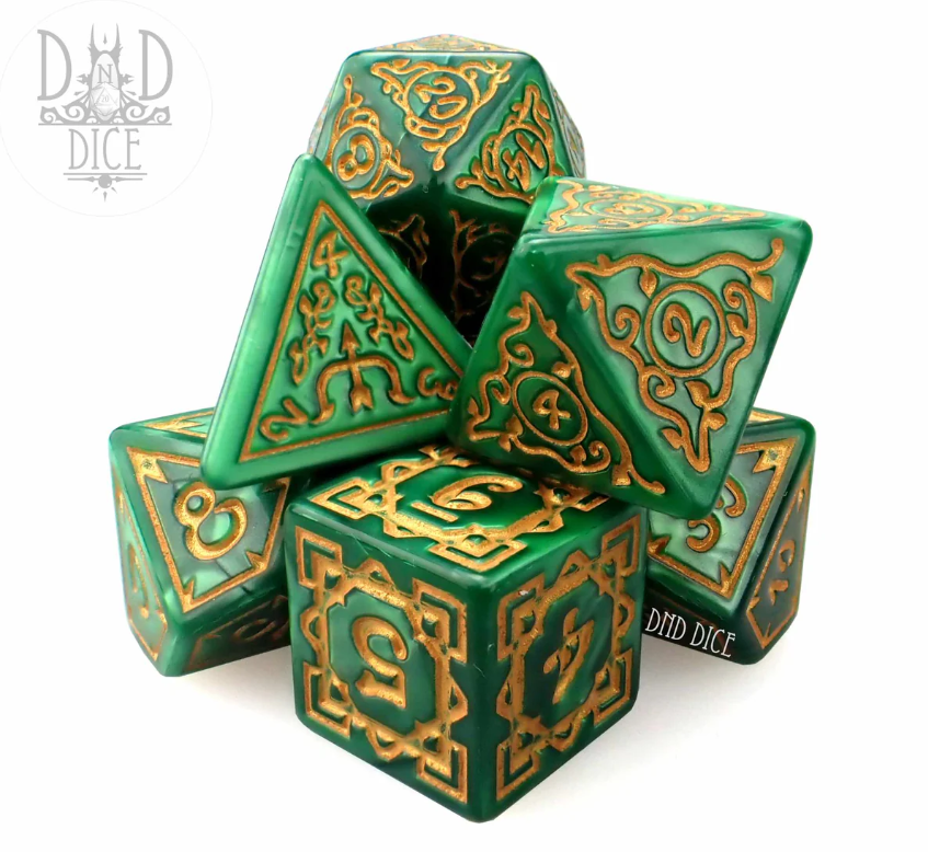 Royal Hunt 7-piece RPG Dice Set by DND Dice. Features intricately designed green dice with golden numbers and ornate patterns, perfect for tabletop gaming.