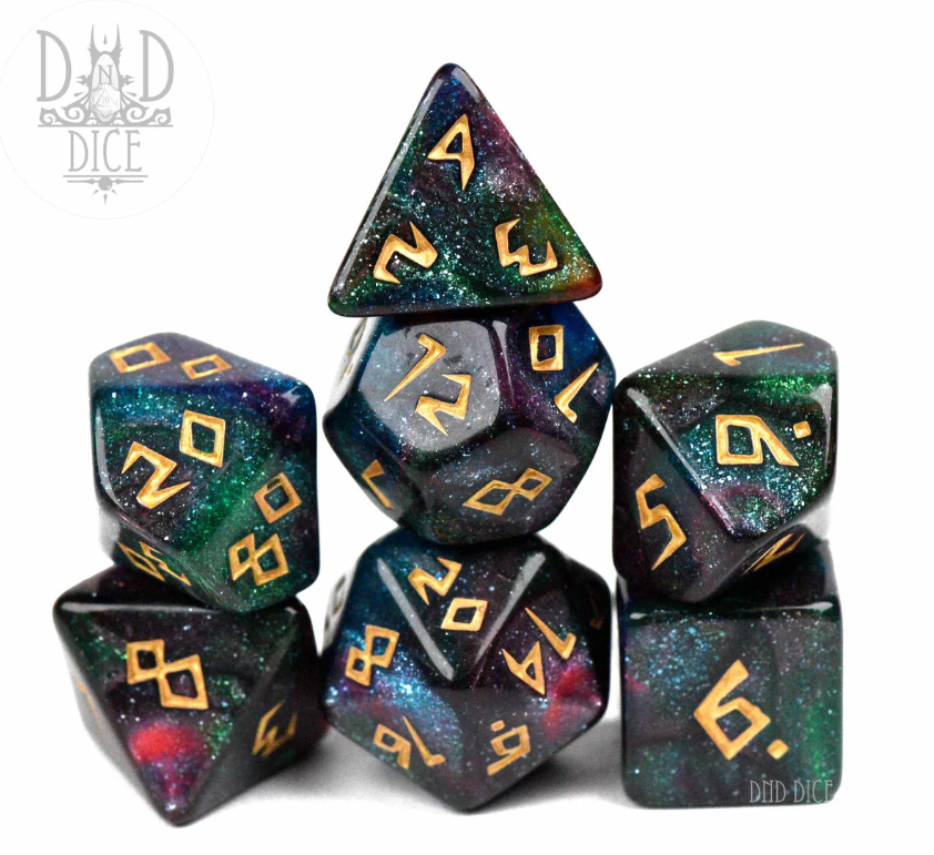 Quagmire Runes 7-piece RPG dice set by DND Dice featuring stunning multi-colored glitter and gold numbering on each die. Includes a variety of shapes, perfect for tabletop role-playing games.