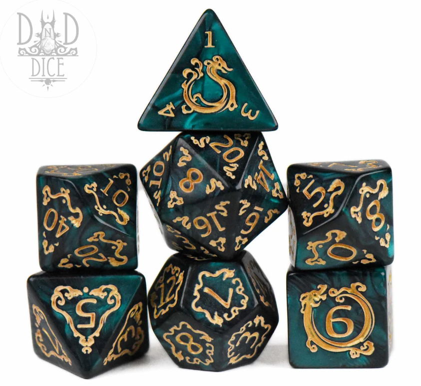 Nature Sprite: Marsh 7pc RPG D dice set featuring intricately designed polyhedral dice in rich green and gold color scheme. Includes a d20, d12, d10, d8, d6, and d4 for tabletop RPG gaming.