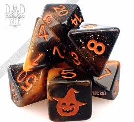 A 7-piece RPG dice set named Spooki Boi, featuring a striking black and orange color scheme with a glittery finish. The dice are designed with numbers and a pumpkin with a witch hat motif, ideal for tabletop role-playing games.