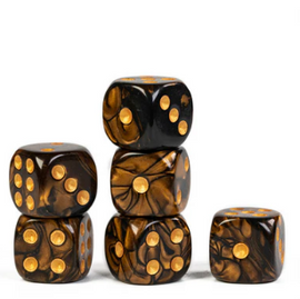 A set of 12 polyhedral D6 dice in a Cold Brew design. The dice feature swirling black and brown patterns with vibrant gold spots, stacked in a playful arrangement. Perfect for tabletop role-playing games and board games, these dice add a unique touch to your gaming experience.
