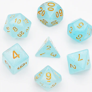 A Cyan Silk RPG Dice Set displayed with a total of seven polyhedral dice, featuring various shapes including d4, d6, d8, d10, d12, and d20. The dice are a translucent cyan color with gold numbering, perfect for tabletop gaming and RPG sessions.