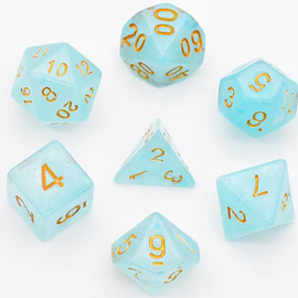 A Cyan Silk RPG Dice Set displayed with a total of seven polyhedral dice, featuring various shapes including d4, d6, d8, d10, d12, and d20. The dice are a translucent cyan color with gold numbering, perfect for tabletop gaming and RPG sessions.