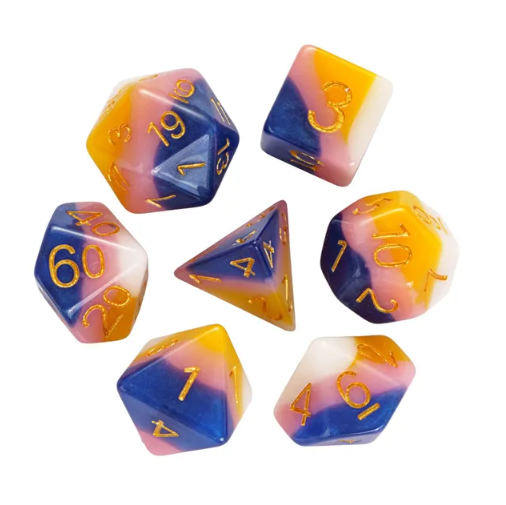 A vibrant Fruit Taffy RPG Dice Set showcasing seven polyhedral dice in striking yellow, purple, and peach colors. Each die features easy-to-read golden numbers, perfect for tabletop role-playing games.