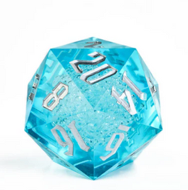 55m Titan D20 - Sharp Edge Cya by Foam Brain Games is a vibrant blue, sharp-edged 20-sided die with clear, engraved numbers, perfect for tabletop gaming.