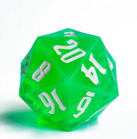 A vibrant green 55mm Titan D20 sharp edge die by Foam Brain Games, showcasing large white numbers on each face, perfect for tabletop gaming.