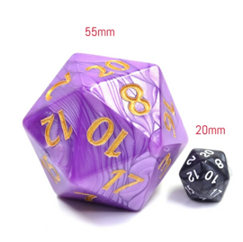 A 55mm purple pearl D20 die from Foam Brain Games, featuring golden numbers on a marbled purple surface. A smaller 20mm black D20 die is shown for size comparison.