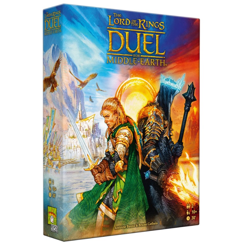 The Lord of the Rings: Duel for Middle-Earth board game box featuring a vibrant illustration of a battle scene. One side shows a heroic character wielding a sword with a backdrop of a castle and scenic landscape, while the opposite side displays a dark character in armor holding a weapon against a fiery background. The packaging includes the game's title and highlights, suited for 2 players aged 10 and above, with a playtime of approximately 30 minutes.