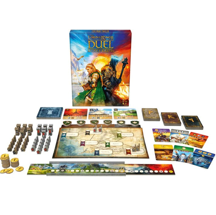 The Lord of the Rings Duel for Middle-Earth game by Repos Production. The box features vibrant artwork of iconic characters in a fantasy setting. Laid out components include game board, character cards, tokens, and miniatures, providing an immersive gaming experience for fans of strategy and adventure.