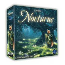 The game box for Nocturne by Alderac Entertainment Group features an enchanting illustration of a fox dressed in a cloak standing in a mystical forest illuminated by moonlight, surrounded by glowing mushrooms and lush greenery. The title 'Nocturne' is prominently displayed in elegant lettering at the top, with additional details including the designer's name, David Iezzi, and the illustrator, Beth Sobel.