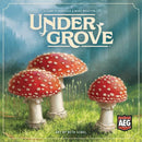 Cover art for the board game 'Undergrove' by Alderac Entertainment Group, featuring vibrant red mushrooms in a lush green forest setting. The title is elegantly displayed at the top, with artwork by Beth Sobel.