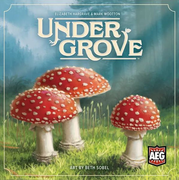 Cover art for the board game 'Undergrove' by Alderac Entertainment Group, featuring vibrant red mushrooms in a lush green forest setting. The title is elegantly displayed at the top, with artwork by Beth Sobel.