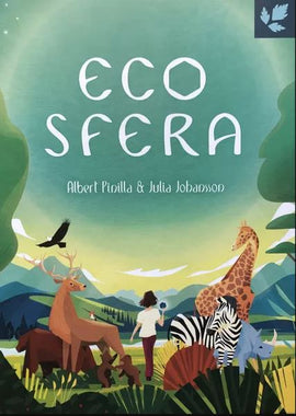 The product 'Ecosfera' by JULIBERT GAMES features a vibrant cover illustration showing a girl surrounded by various animals like a deer, giraffe, zebra, and a background of mountains and trees, emphasizing a nature theme.