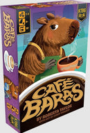 Cafe Baras board game by KTBG, featuring a whimsical illustration of a capybara serving coffee. The colorful packaging showcases the game's title and includes age recommendations and player count.