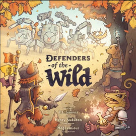 Cover of the game 'Defenders of the Wild' by OUTLANDISH GAMES, featuring whimsical animal characters in a vibrant autumn forest. A fox warrior brandishes a sword, while other animals prepare for battle against robotic foes. The title is prominently displayed in a playful font, surrounded by colorful leaves.