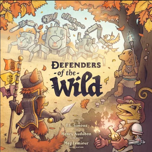 Cover of the game 'Defenders of the Wild' by OUTLANDISH GAMES, featuring whimsical animal characters in a vibrant autumn forest. A fox warrior brandishes a sword, while other animals prepare for battle against robotic foes. The title is prominently displayed in a playful font, surrounded by colorful leaves.