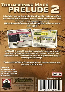 The back cover of the board game Terraforming Mars: Prelude 2, featuring an overview of game components including 5 corporations, 25 prelude cards, and project cards. The design highlights essential gameplay elements and expansion details. Text includes instructions and information on how the game ties into the broader Terraforming Mars series, emphasizing its complexity and strategic depth. Age recommendation is 14+.