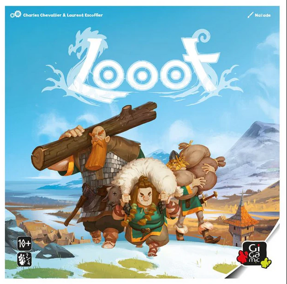 The game Looot by Gigamic features colorful artwork depicting three characters in a snowy landscape. The characters include two robust figures, one carrying a large log and the other a sack, along with a smaller character carrying goods, all dressed in medieval-inspired attire. The background showcases mountains and a quaint village, emphasizing a fantastic adventure.