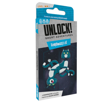 The UNLOCK! Schrodinger's Cat game by Space Cowboys features a colorful box design showcasing an illustrated cat within a whimsical, cosmic-themed setting. The packaging provides information about the game's cooperative card mechanics and its inspiration from escape rooms. The box indicates that it's suitable for players aged 10 and up, with a medium level of difficulty.