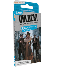 UNLOCK! THE BIRMINGHAM MURDER game packaging featuring stylized characters in vintage clothing set against a city backdrop. The game highlights clues, mystery, and investigation, aimed at players seeking a cooperative escape room experience.