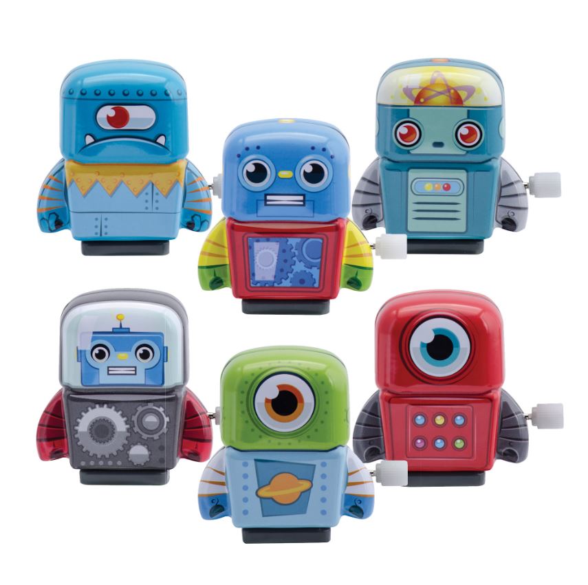 A colorful collection of six mini tin robots, each with unique designs and features. The robots vary in height and color, with some having gears and bright eyes. They are playful and whimsical, appealing to both children and collectors.