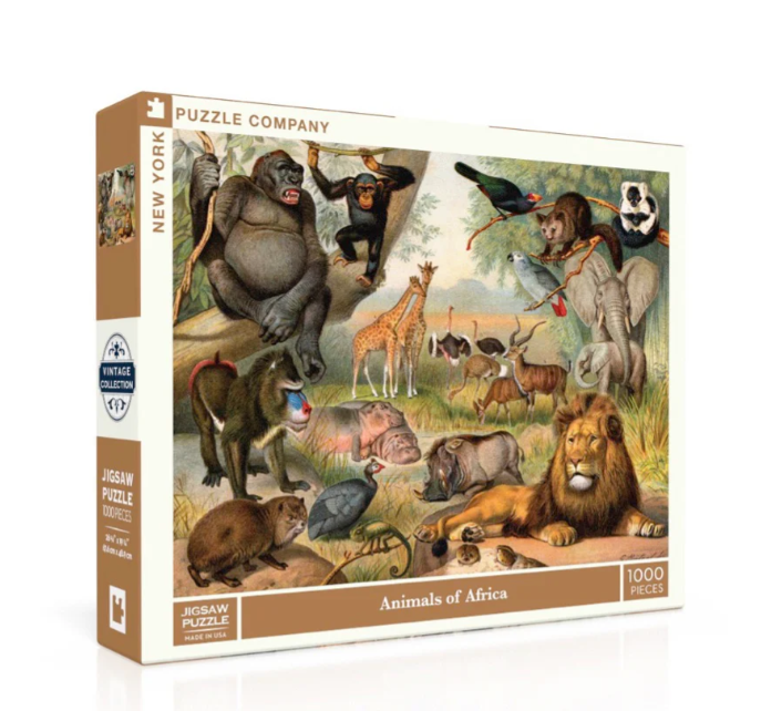 Jigsaw puzzle titled 'Animals of Africa' by New York Puzzle Company, featuring a vibrant illustration of various African animals including a lion, gorilla, giraffes, and more, presented in a vintage art style. The puzzle contains 1000 pieces, ideal for wildlife enthusiasts and puzzle lovers.