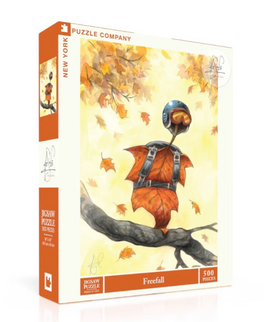 The Freefall jigsaw puzzle by New York Puzzle Company features a whimsical illustration of a character dressed in leaves, preparing to jump from a branch. The puzzle consists of 500 pieces and is designed with autumn leaves in vibrant colors, adding a playful and adventurous spirit to any puzzle enthusiast's collection.
