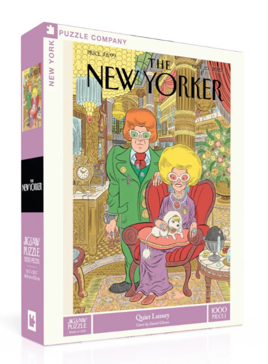 The Quiet Luxury jigsaw puzzle by New York Puzzle Company displays a colorful illustration inspired by The New Yorker, featuring a fashionable couple in a lavish interior surrounded by luxurious decor. It comes with 1000 pieces and is designed by Daniel Clowes.