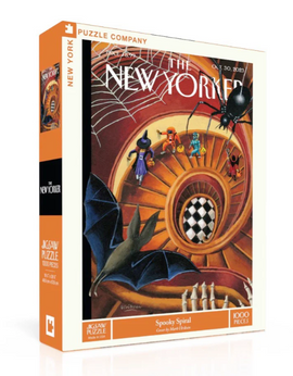 The SPOOKY SPIRAL jigsaw puzzle by New York Puzzle Company features an intricate design with a spider, witches, and autumnal motifs, capturing a whimsical Halloween theme. The box showcases an artwork reminiscent of The New Yorker, emphasizing vibrant colors and captivating details. It contains 1000 pieces and measures 19" x 27" when completed, making it perfect for puzzle enthusiasts.