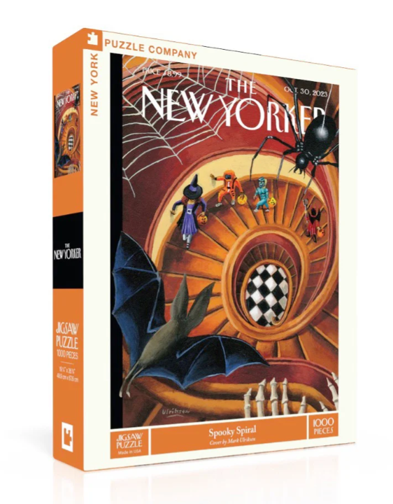 The SPOOKY SPIRAL jigsaw puzzle by New York Puzzle Company features an intricate design with a spider, witches, and autumnal motifs, capturing a whimsical Halloween theme. The box showcases an artwork reminiscent of The New Yorker, emphasizing vibrant colors and captivating details. It contains 1000 pieces and measures 19" x 27" when completed, making it perfect for puzzle enthusiasts.