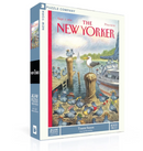 A colorful jigsaw puzzle box featuring the artwork 'Tourist Season' from The New Yorker, depicting a lively scene of birds with hats gathering around a dock. The box indicates it contains 1000 pieces and measures 18 x 24 inches.