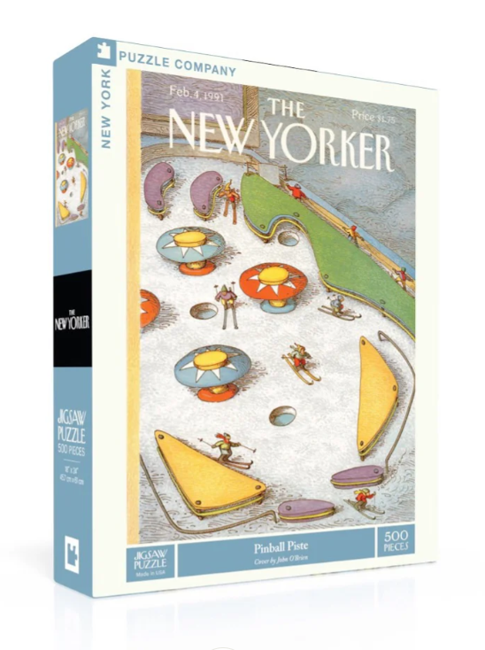 The Pinball Piste jigsaw puzzle by New York Puzzle Company showcases a colorful illustration from The New Yorker magazine cover featuring whimsical pinball machines and playful characters engaged in various activities. The puzzle consists of 500 pieces and measures 18 x 24 inches when completed, perfect for puzzlers of all ages who appreciate artistic designs.