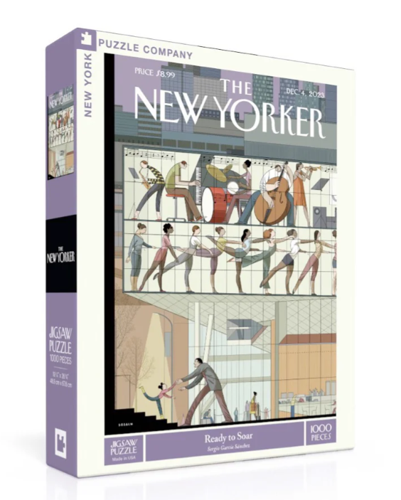 The 'Ready to Soar' jigsaw puzzle by New York Puzzle Company features a vibrant illustration from The New Yorker, showcasing a lively scene with musicians and dancers. This 1000-piece puzzle captures the joy and energy of a cultural event, perfect for puzzle enthusiasts and art lovers alike.