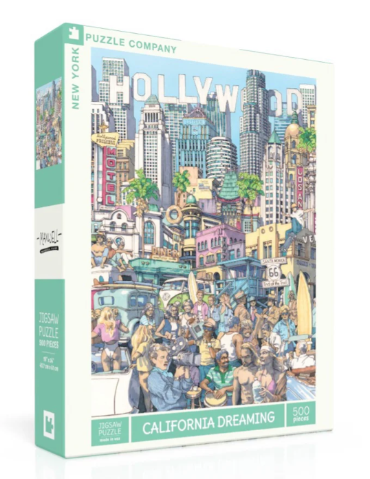 California Dreaming jigsaw puzzle box featuring a vibrant illustration of Hollywood life, complete with surfers, classic cars, and iconic landmarks. The puzzle contains 500 pieces and measures 18 x 24 inches when completed. Designed by New York Puzzle Company.